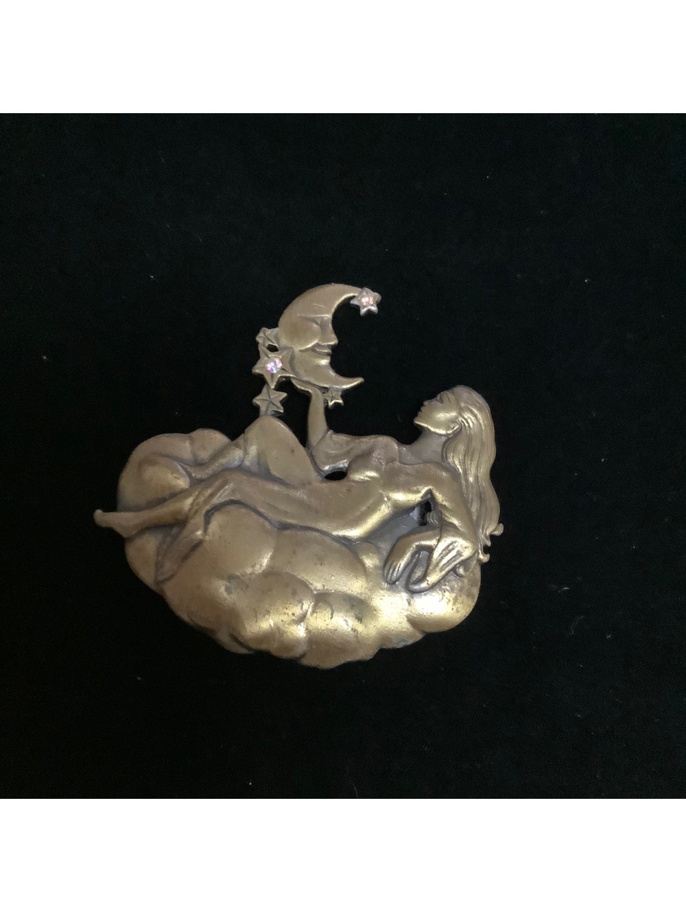Vintage JJ Jonette Celestial Goddess Moon Stars Gold Tone Figural Brooch Pin